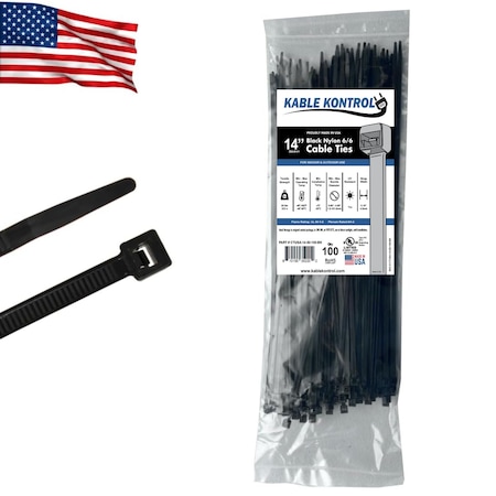 Kable Kontrol Cable Tie, 14 in L, 4 in Max Bundle Dia., Black, Nylon 6/6, 50 lb Strength, 100 PK CTUSA-14-50-100-BK